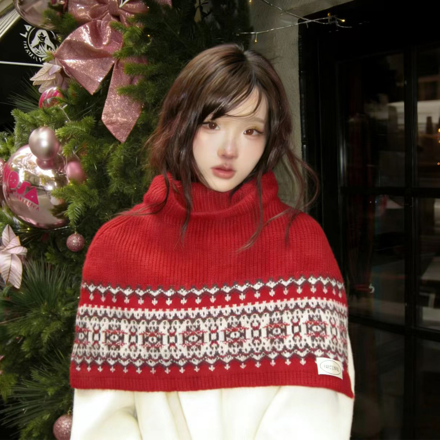 费尔岛高领套头披肩围巾女士秋冬外搭两用高级感防寒针织保暖围脖