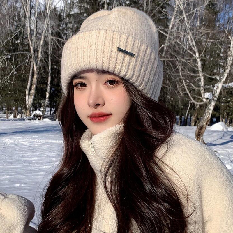 白色毛线帽子女款冬季显脸小加厚保暖护耳堆堆帽防寒冬帽针织帽子