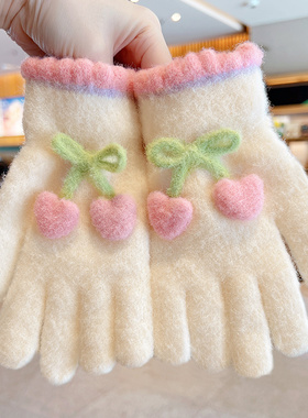 儿童手套女孩冬6-12岁防寒保暖五指男女童全指卡通加绒加厚防冻手