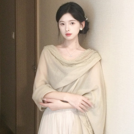 蕾丝棉麻丝巾披肩外搭女2026新款温柔亚麻色薄款围巾海边旅游穿搭