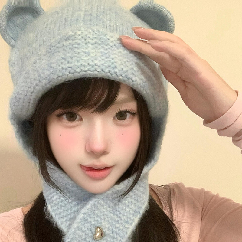 韩版小熊耳朵针织帽秋冬保暖护耳