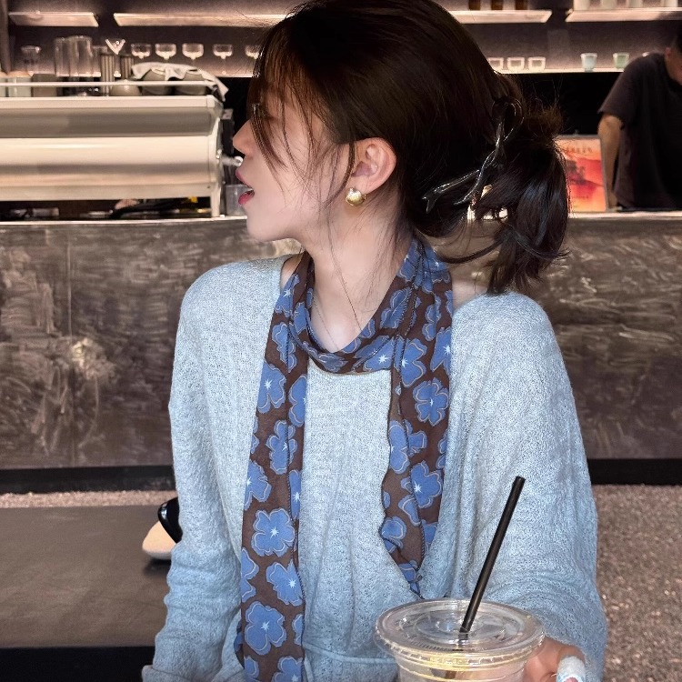 韩系蓝色飘带长条丝巾女系脖高级感新款丝带腰封绑发纱巾百搭腰巾