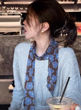 韩系蓝色飘带长条丝巾女系脖高级感新款丝带腰封绑发纱巾百搭腰巾