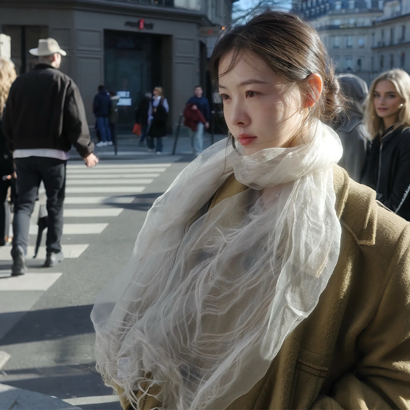 日本maito白色丝巾女士2026新款系脖高级感薄款纱巾春季围巾披肩