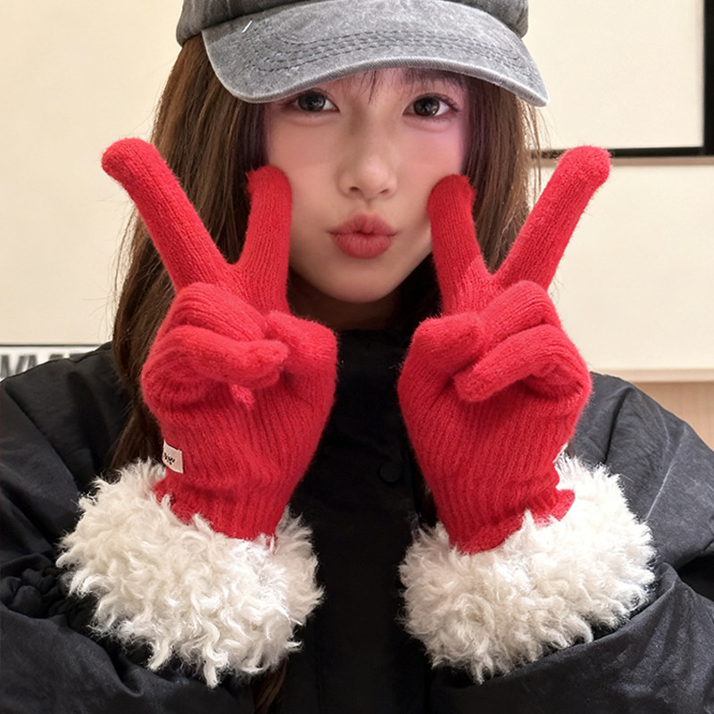 新年红针织手套女冬加厚保暖触屏