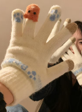 可爱毛绒针织手套女冬季2025新款保暖加厚学生可触屏骑车防寒防风