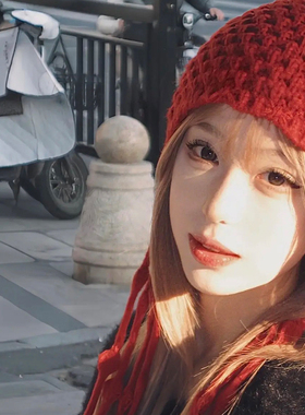 红色镂空针织帽子女2025新款川西草原旅游百搭流苏绑带套头冷帽