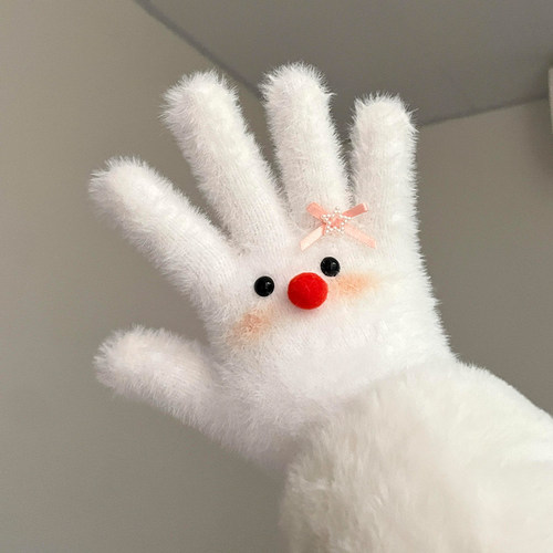 可爱雪人毛绒白色手套2025新款冬
