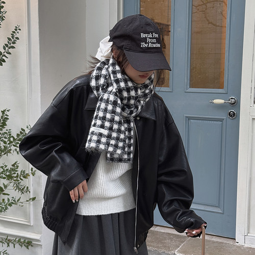 韩版高级感黑白格纹情侣围巾