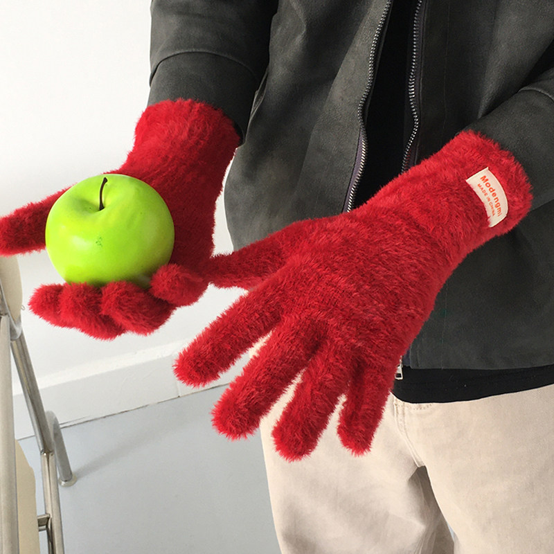 圣诞新年红色毛绒手套女2025新款冬分指可触屏加厚保暖防寒骑行