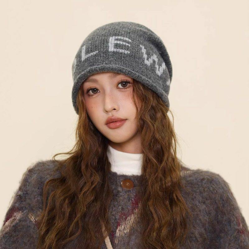 灰色字母冷帽女款适合方圆脸秋冬大头围堆堆帽显脸小针织毛线帽子