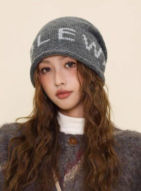 灰色字母冷帽女款适合方圆脸秋冬大头围堆堆帽显脸小针织毛线帽子