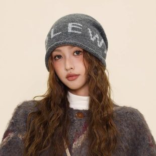 灰色字母冷帽女款适合方圆脸秋冬大头围堆堆帽显脸小针织毛线帽子