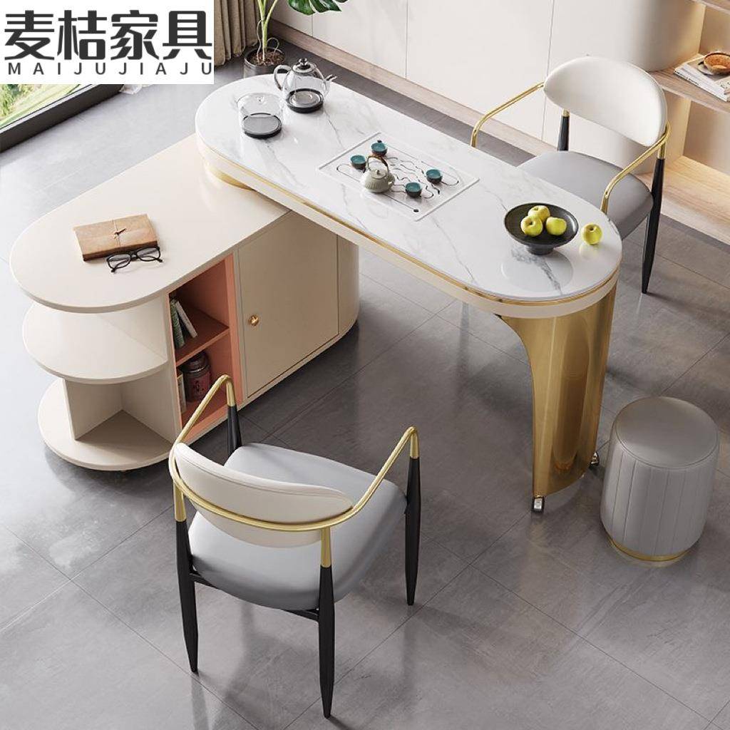 轻奢岩板茶桌椅组合可旋转移动办公一体茶台简约客厅阳台休闲茶几