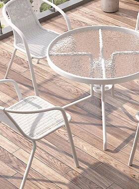 阳台小桌椅一桌二椅户外庭院简约休闲茶桌椅白色玻璃折叠茶几组合