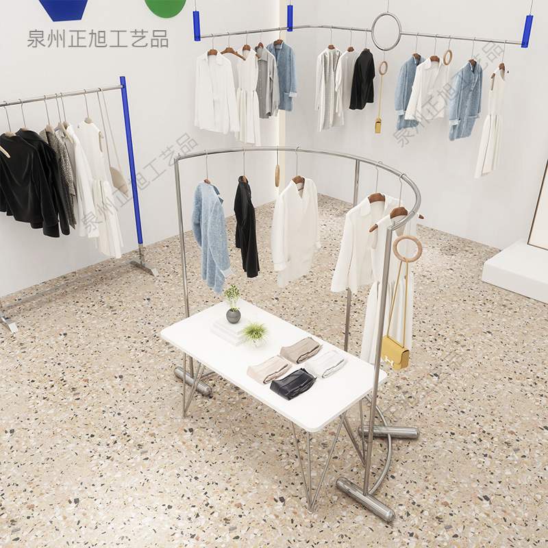 服装店展示架弧形落地式不锈钢中岛架男女装店货架陈列道具挂衣杆