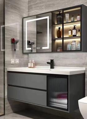 铁灰色简约智能实木洗漱台陶瓷一体盆轻奢挂墙式浴室柜组合