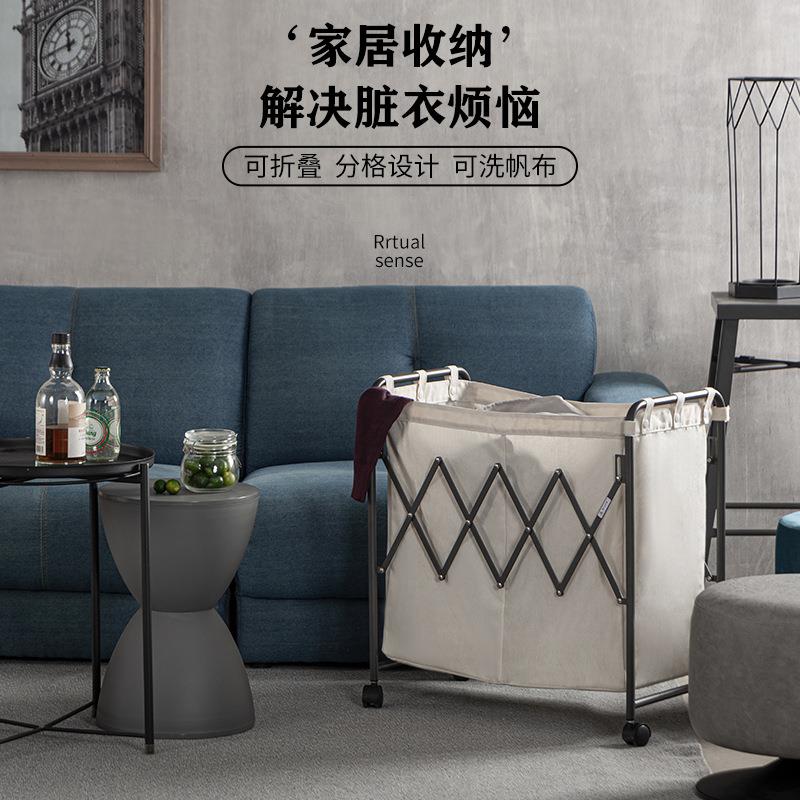 可折叠北欧家用双格分类可移动收纳筐沙发边带轮收纳篮浴室脏衣篮