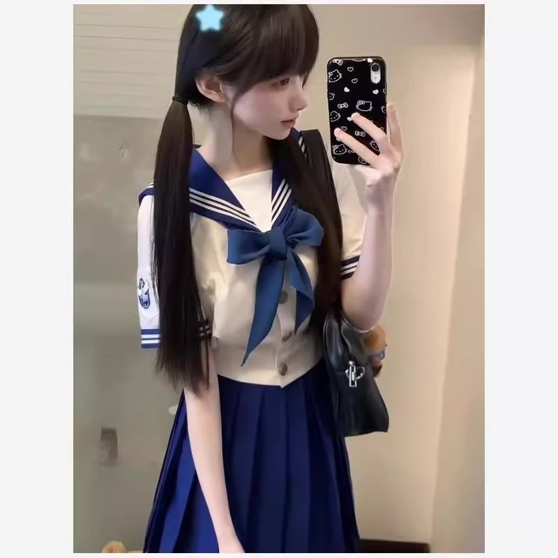 jk制服套装裙子女清纯学院风小个子海军领条纹上衣+百褶裙两件套