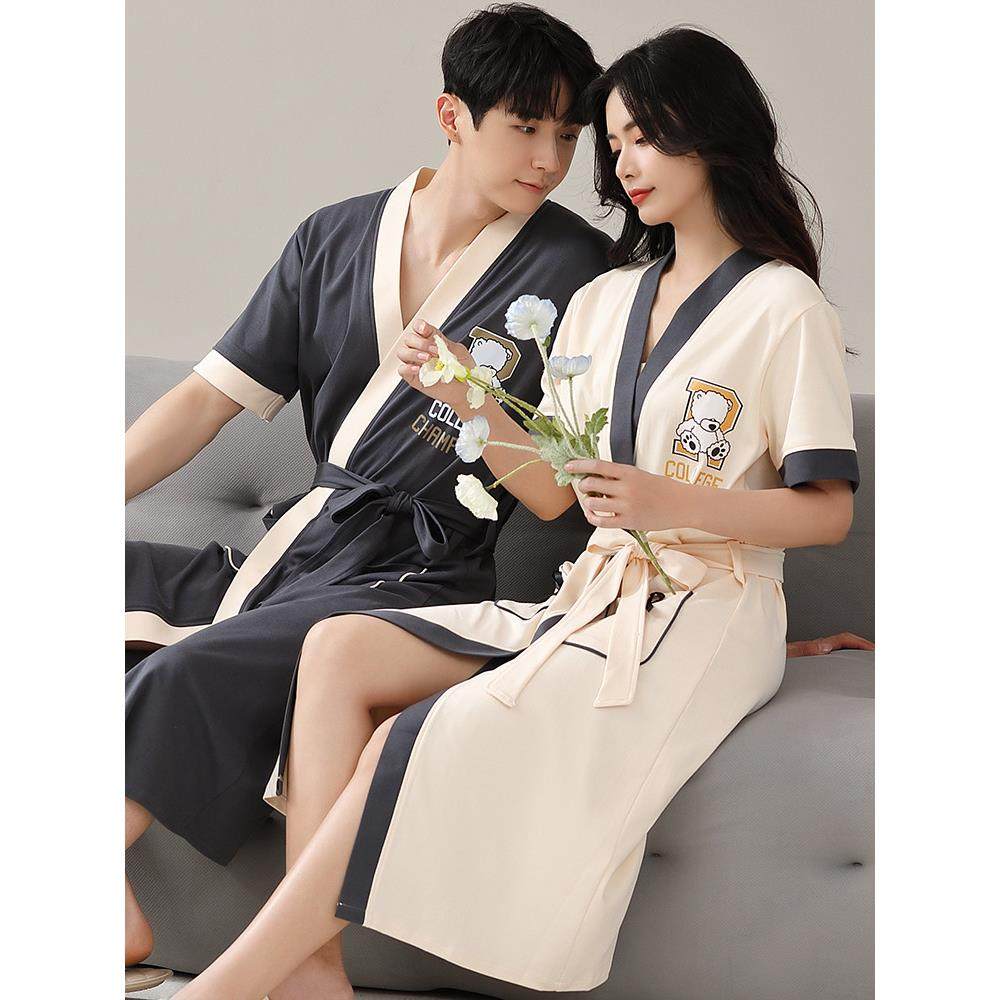 情侣睡袍女款夏季纯棉短袖中长款可爱男士浴袍夏天薄款家居服浴衣