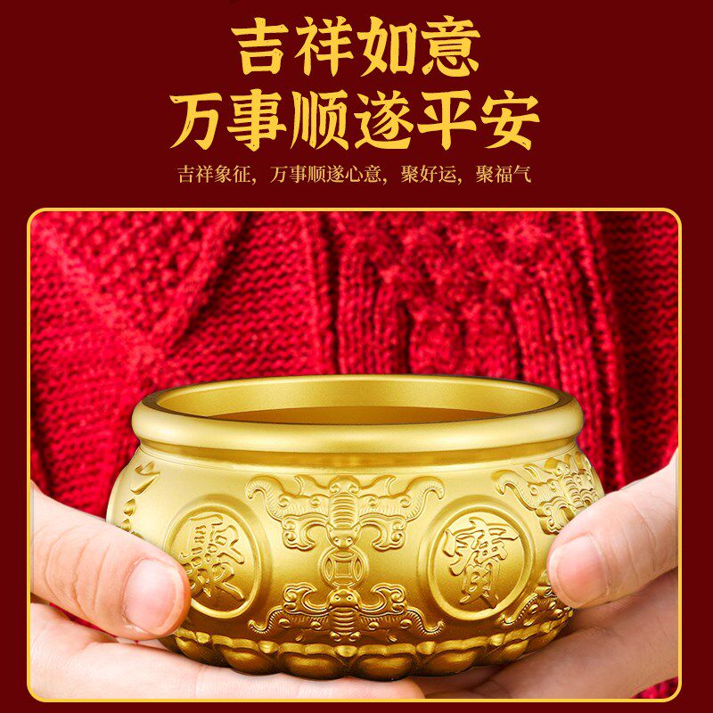 热销【已做功课祝福】纯黄铜聚宝盆摆件客厅办公室玄关开业招财聚