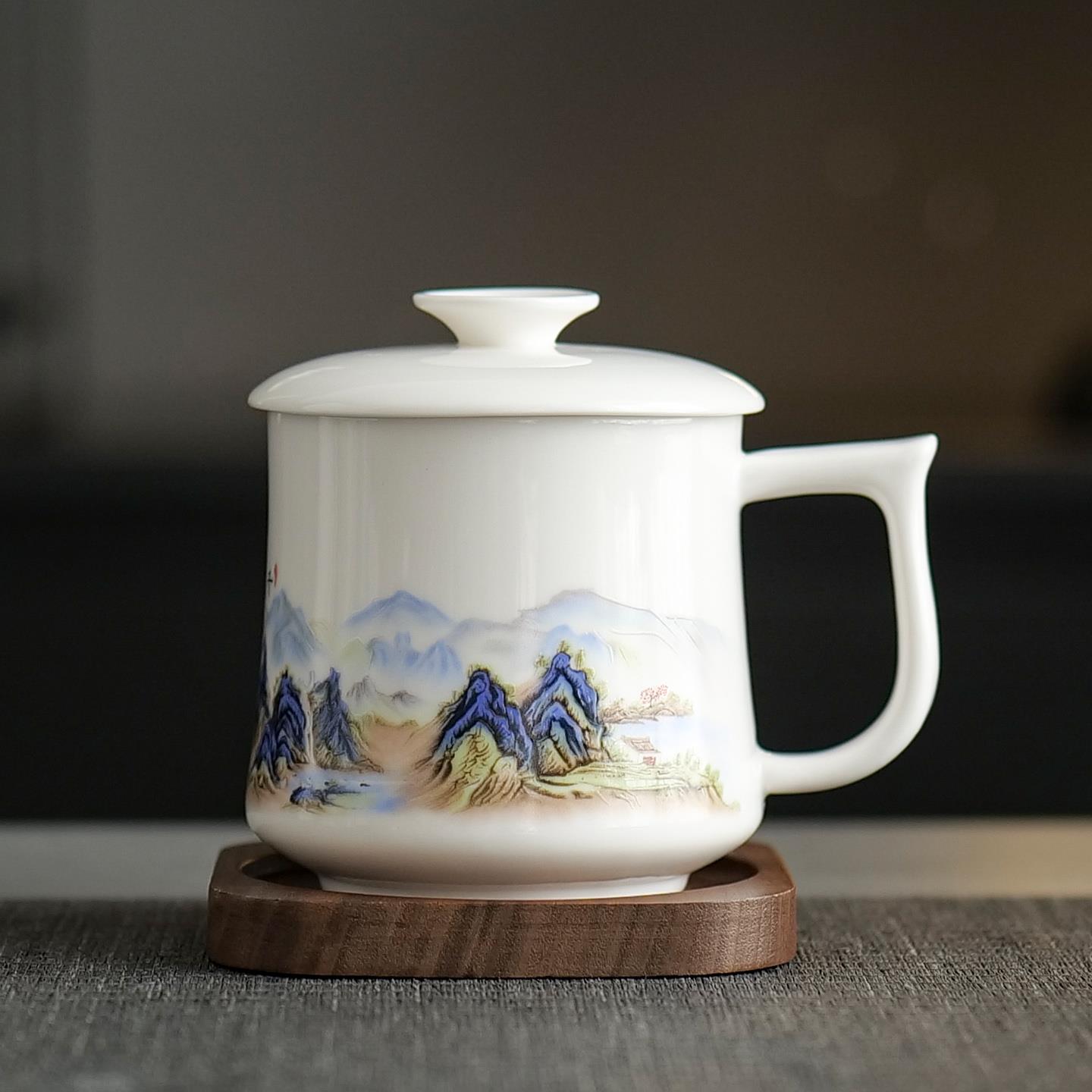 陶瓷马克杯轻奢家用喝茶杯子办公室会议茶杯带盖子水杯咖啡杯礼品