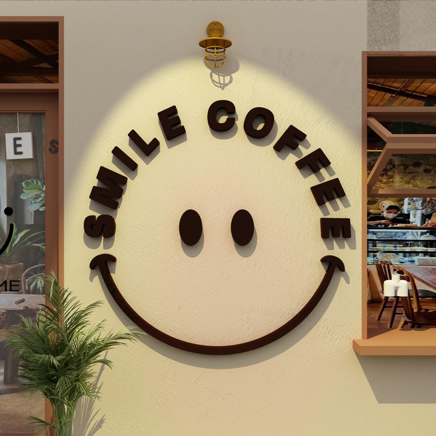 网红打卡造景咖啡厅馆奶茶店笑脸墙面装饰氛围布置门口吸引人形象