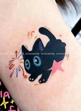 可爱手臂小黑猫彩色纹身贴女持久