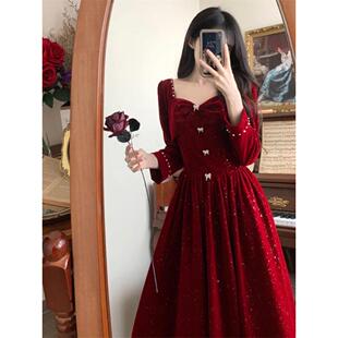 轻奢高级感酒红色金丝绒洋装女秋冬高腰遮肚孕妇结婚订婚礼服裙