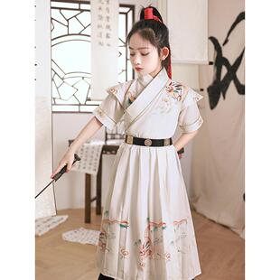儿童古装汉服女童夏季女侠风花木兰服装剑客飞鱼服白色霸气飒短袖