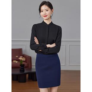 黑色雪纺衬衫女长袖春秋时尚洋气真丝小立领衬衣职业工装无领上衣