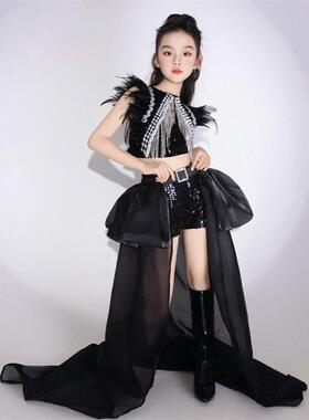 黑色朋克赛车服儿童模特T台走秀潮服套装女童爵士舞服打歌演出服