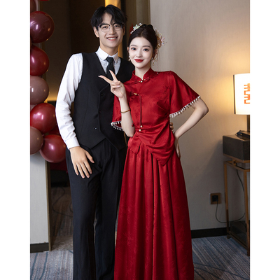 速发红色新国式旗袍敬酒当中风套装新娘订婚礼服裙出阁宴结婚服天