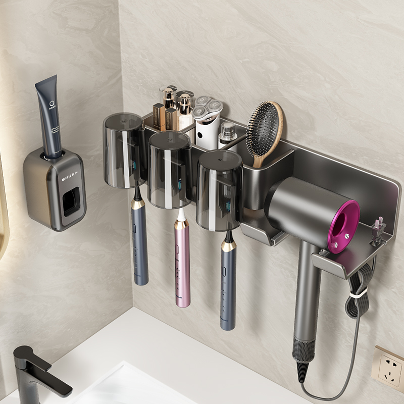 速发置物孔免打架卫生间壁挂式口风机支架牙杯漱吹杯牙具架子