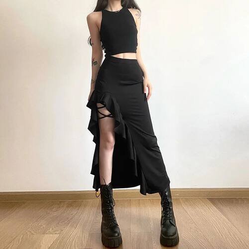 欧美风不对称开叉系带百褶半身裙