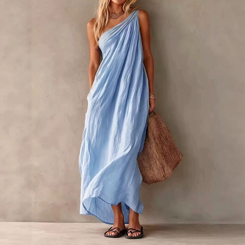 优雅单肩无袖大摆连衣裙Single-shoulder sleeveless maxi dress