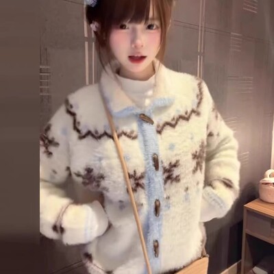 费尔岛圣诞针织毛衣开衫外套女秋冬季新款高级感宽松加厚毛衫上衣