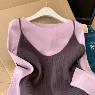 早秋小个子针织两件套女款麻花吊带韩系叠穿圆领长袖打底衫两件套