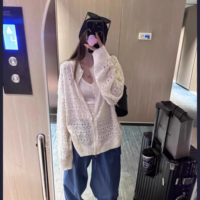 早秋设计感镂空钩花双拉链防晒罩衫外套宽松显瘦白色针织开衫上衣