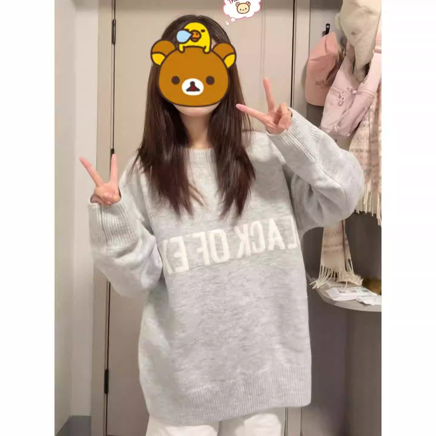美式慵懒风重磅灰色毛衣女秋冬季新款高街宽松百搭圆领针织衫线衣
