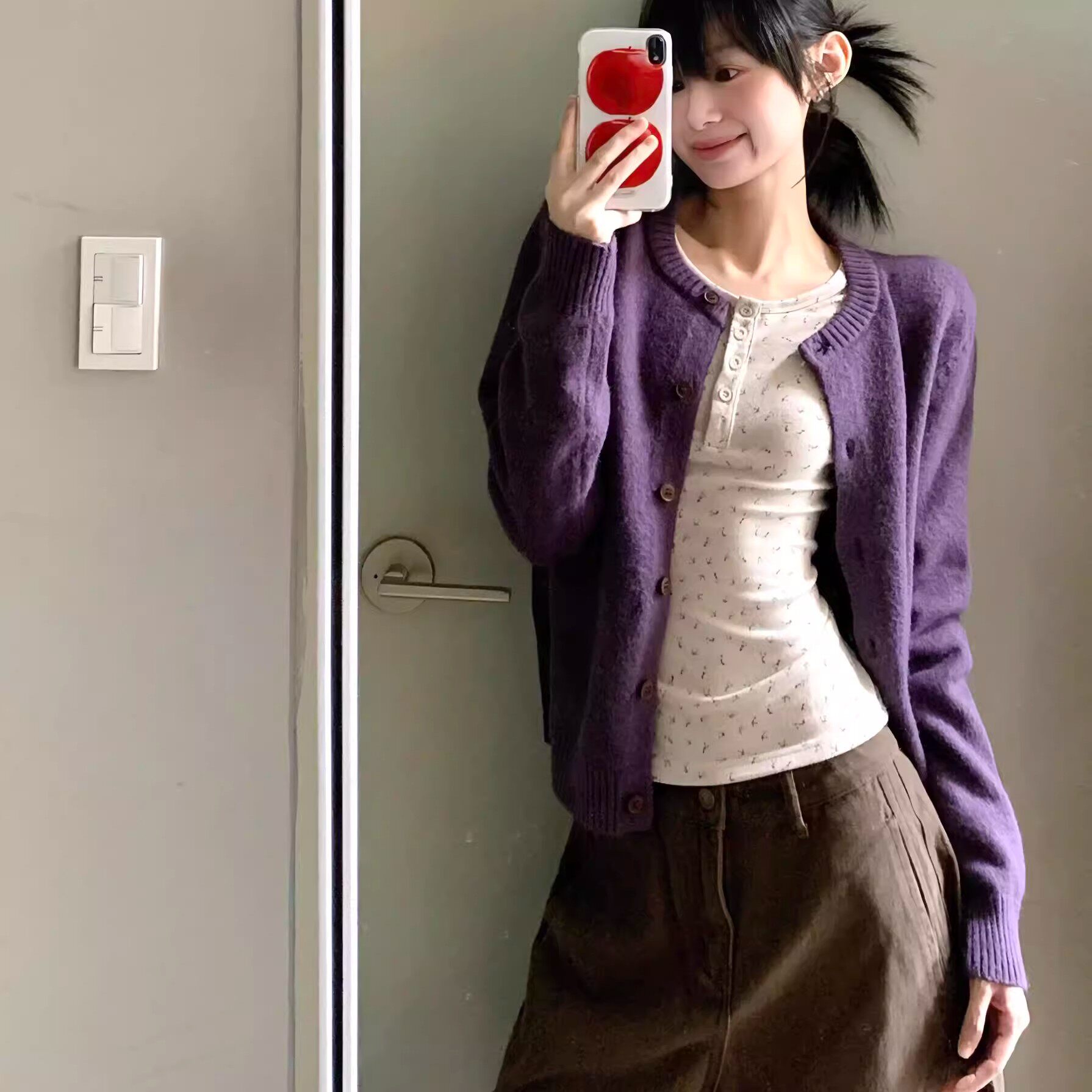 韩系紫色针织开衫毛衣外套女秋冬季小个子温柔风宽松软糯长袖上衣