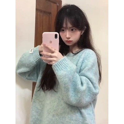 薄荷绿慵懒风厚实毛衣女宽松套头秋冬韩系高级感小众软糯针织上衣