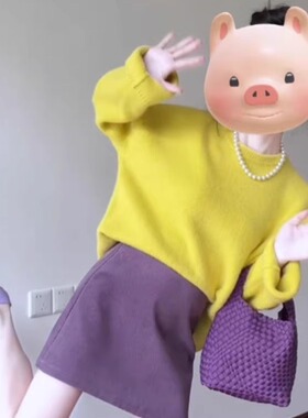高级松弛感穿搭套装女2025春季新款多巴胺小个子慵懒风柠檬黄毛衣