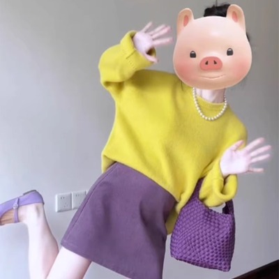 高级松弛感穿搭套装女2025春季新款多巴胺小个子慵懒风柠檬黄毛衣