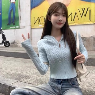 韩系麻花针织拉链连帽短款 上衣潮 毛衣外套女春秋新款 温柔显瘦开衫
