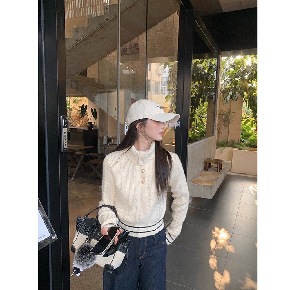 翻领麻花套头针织衫女2025秋冬季新款韩版显瘦设计感长袖高领毛衣