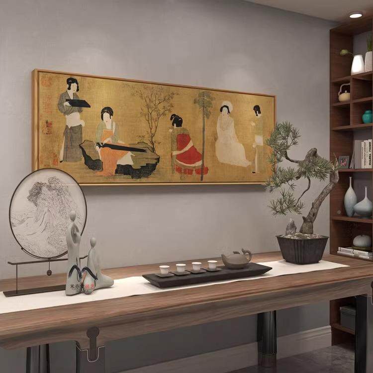 仕女图调琴啜茗唐代弹琴女图中式茶室厅卧室玄新关人餐物挂仕画