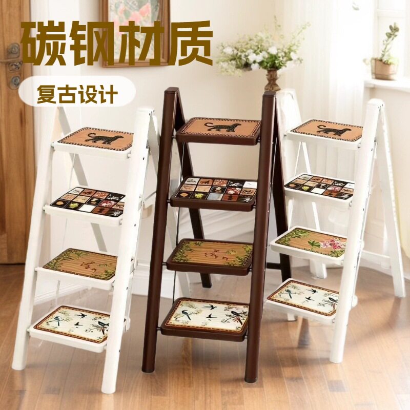美梯子家用中古风轻便折叠梯伸缩加厚装饰画梯乔迁爬梯凳楼梯
