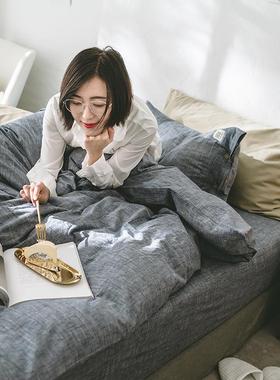 素色简约棉QMP麻洗全棉四水件套.8m床1上用品纯单色床被子被套单