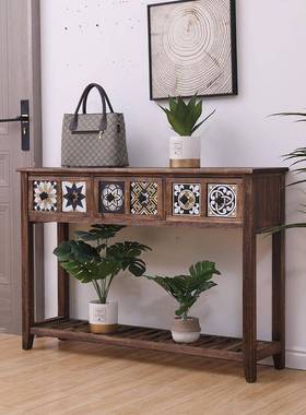 美式实饰木玄关柜物复古彩绘斗柜装阳台置花架客厅靠墙窄长CBY?条